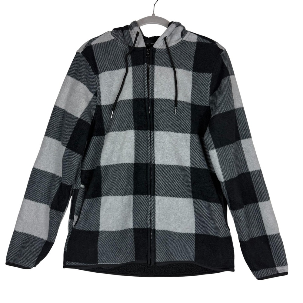 J.COME Jacket Mens Small‎ Gray Plaid Fleece Hooded Full Zip Windbreaker Outdoor